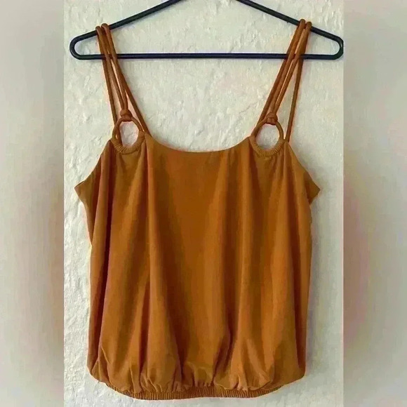 Express Mustard Skimming Scoop Neck Double Strap Loop Tank with Circle detail; M - Picture 1 of 5